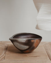 Load image into Gallery viewer, Ceramic wood fired pouring vessel on a wooden table with a blurred background
